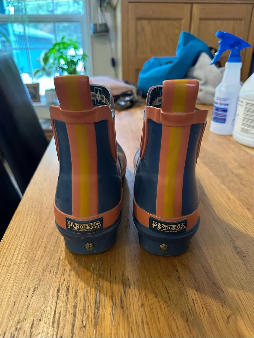 Pendleton woman’s 9  Navy Rain Boots with Rust and Yellow Stripe
